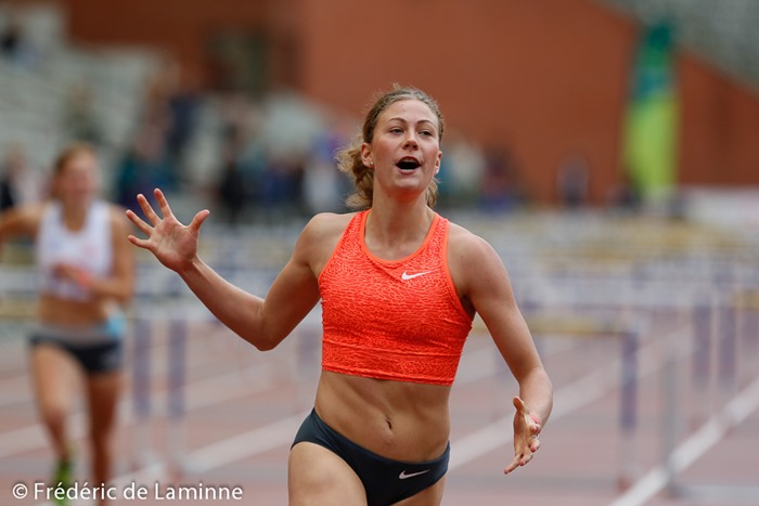 20150725 - Brussels, Belgium : PEDERSEN ISABELLE from Norway reacts after finishing first during her qualification heat of the 100m hurdles during the Belgian Athletics Championship 2015 on 25/07/2015 in Brussels (Boudewijnstadion/ Stade Roi Baudouin)